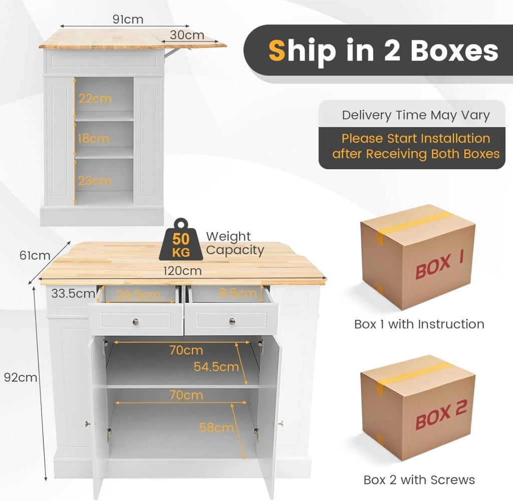 Armadietto da cucina con piano di lavoro espandibile, isola della cucina, in legno, credenza per sala da pranzo, con cassetti, armadio e scaffalatura, 120 x 61 x 92 cm (Bianco)