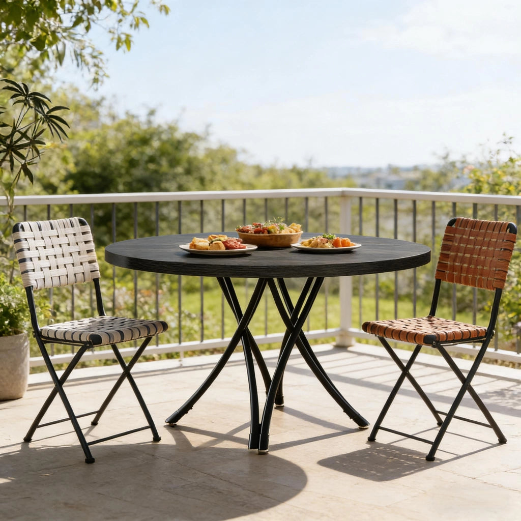 Tavolo rotondo classico nero da 120 cm per 4-6 persone, con gambe incrociate e montaggio semplice