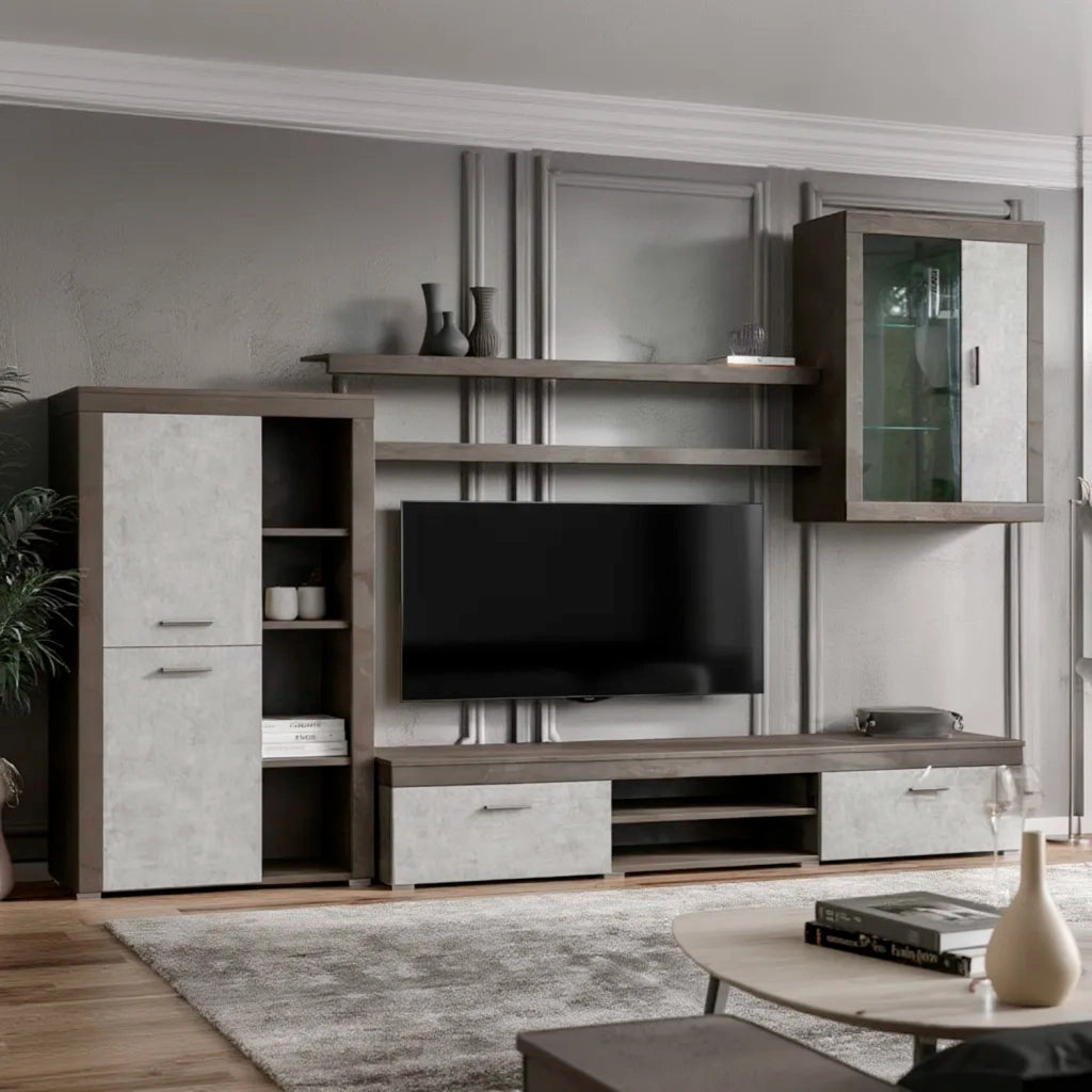 Parete Attrezzata Moderna Per Salotto Soggiorno Con Vetrinetta Ante Mensole Vani A Giorno Mobile TV Design Moderno Moduli Sospesi 293 X 193 X 50 Cm Ossido E Grigio Cemento