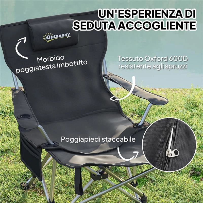 SEDIA DA CAMPEGGIO PIEGHEVOLE E RECLINABILE CON POGGIAPIEDI RIMOVIBILE POGGIATESTA E PORTABICCHIERI NERO