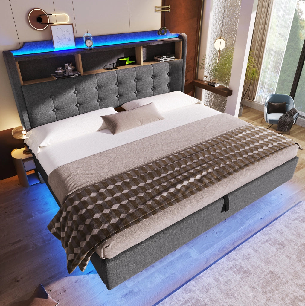 Letto imbottito 180x200 cm con illuminazione LED; contenitore idraulico; in lino e MDF; grigio