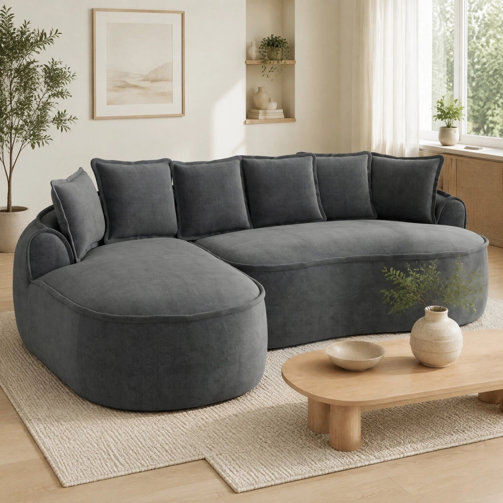 Divano modulare senza telaio in ciniglia; 2 moduli; trasformabile in divano letto; grigio