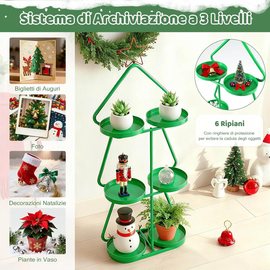 Porta Piante in Metallo, Supporto per Piante a 3 Livelli a Forma di Albero con Stella Rossa e Vassoi per Stoccaggio, Struttura in Metallo, Mensole Espositivo per Decorazioni Festive