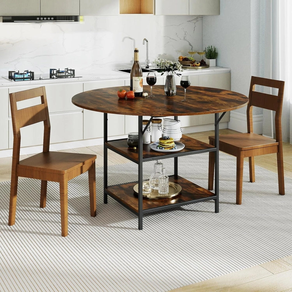 Tavolo da Pranzo Rotondo 120 cm per 4-6 Persone, Tavolo da Cucina Rustico con Ripiano Aperto a 2 Livelli e Struttura in Metallo, Tavolino in Legno per Sala da Pranzo (Marrone)