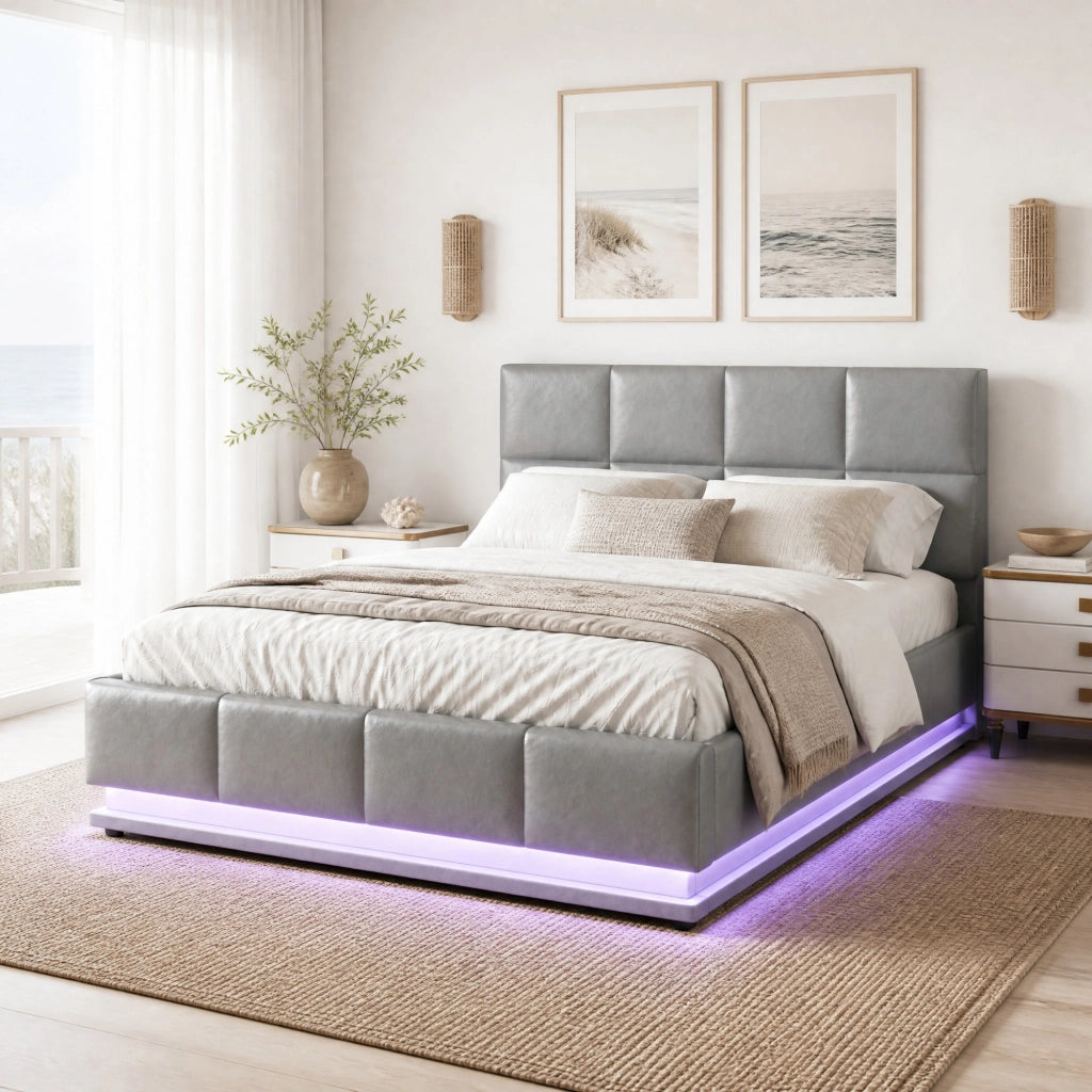 Letto contenitore matrimoniale 140×200 cm con LED e rete sollevabile; senza materasso; grigio