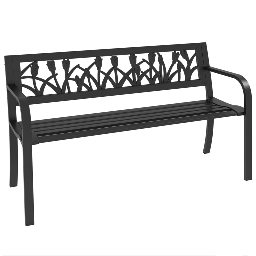 Panchina da Giardino a 2 Posti in Acciaio con Schienale Decorato e Braccioli, 125x50x75cm, Nero