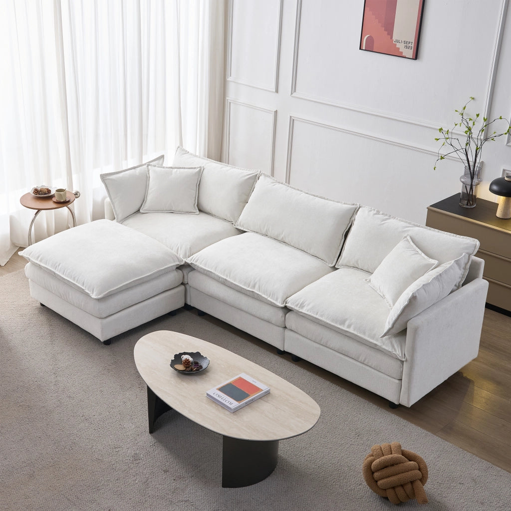 Divano angolare a 3 posti con pouf mobile in ciniglia beige con 2 cuscini sfoderabili e struttura in legno