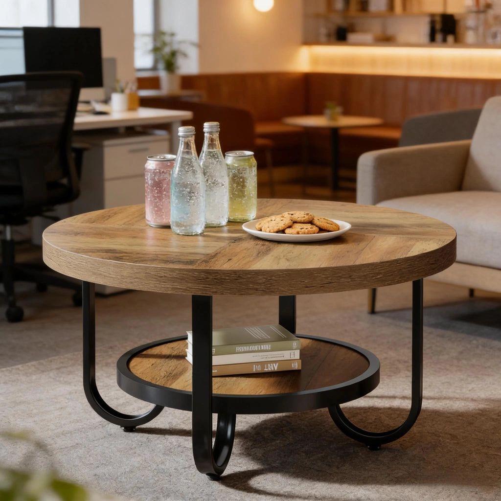 Tavolino basso rotondo a 2 livelli con ripiano contenitore stile industriale in MDF e metallo nero e marrone da salotto