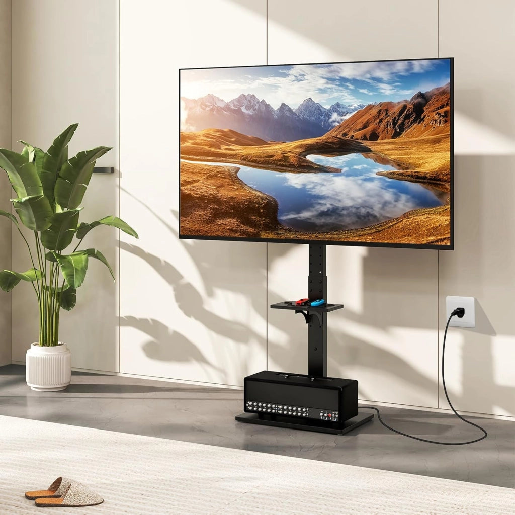 Supporto TV da Pavimento per LCD LED da 32-70 Pollici, Porta TV Regolabile in Altezza a 7 Livelli, Carico 50 KG, VESA Max 600 X 400 MM, con Presa Integrata, Ripiano per TV Piatto/Curvato