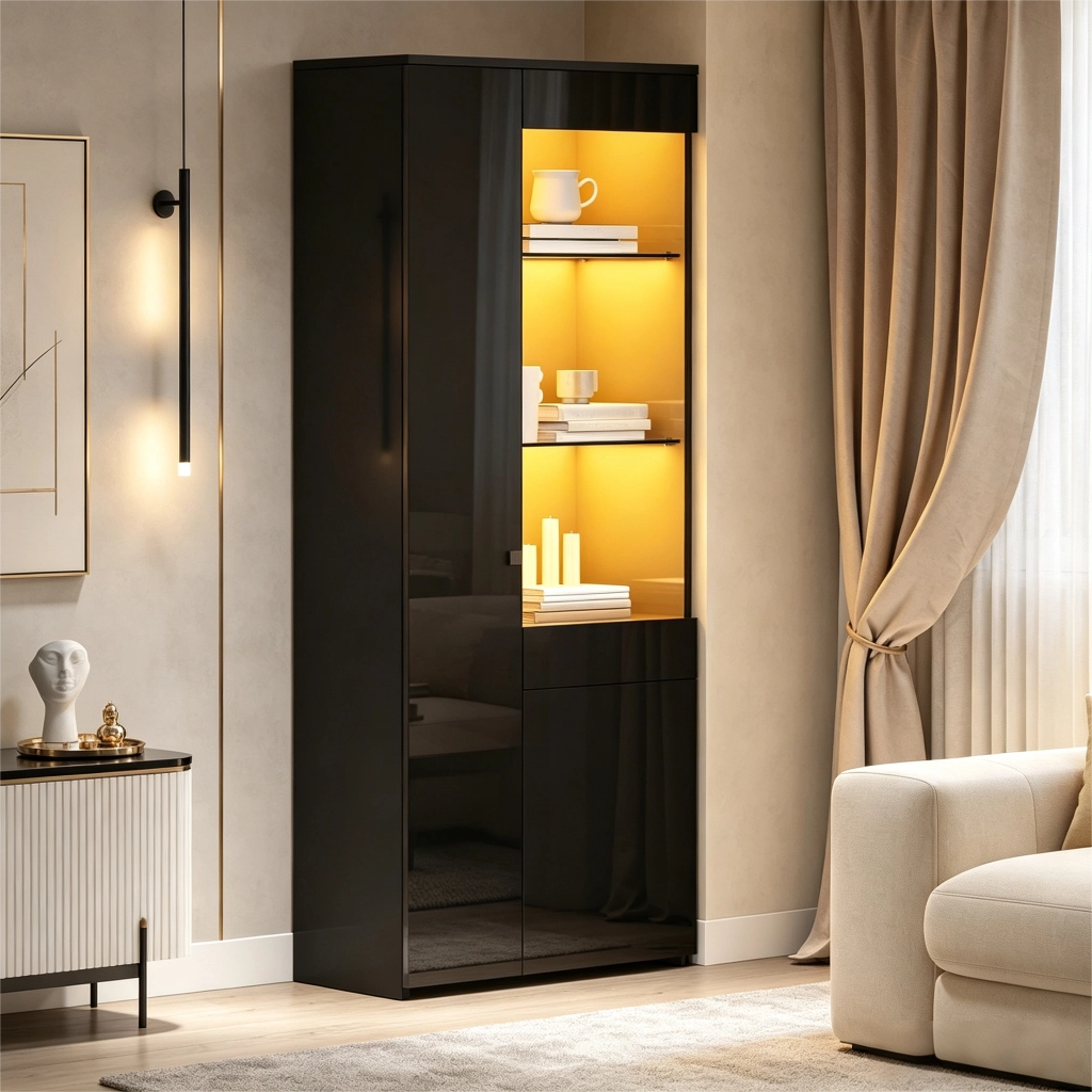 Vetrina con 1 cassetto 2 ante e vani aperti LED controllati da app per soggiorno in truciolare nero 70 × 35 × 180 cm