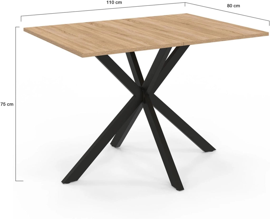 ALIX Mesa de comedor para 4 personas con patas de madera y araña negra 110 cm