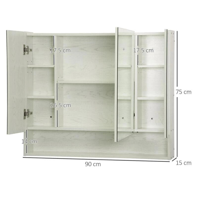 ARMADIETTO A SPECCHIO PER BAGNO CON RIPIANI REGOLABILI 3 PORTE 90X15X75CM