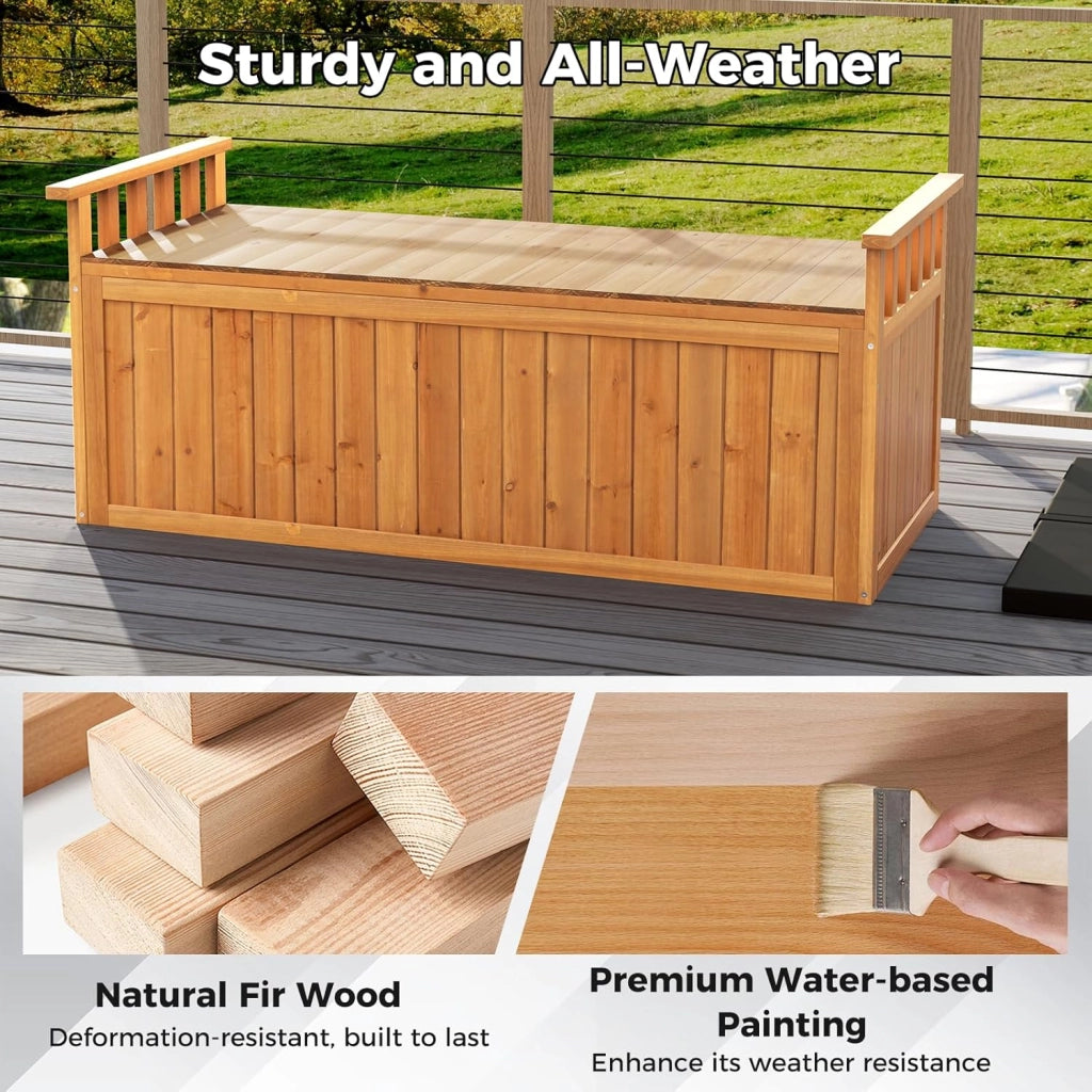 Panchina da giardino a 2 posti, in legno con spazio di archiviazione 207 l, resistente alle intemperie, con braccioli, 128 cm, per giardino, cortile e balcone (Naturale)