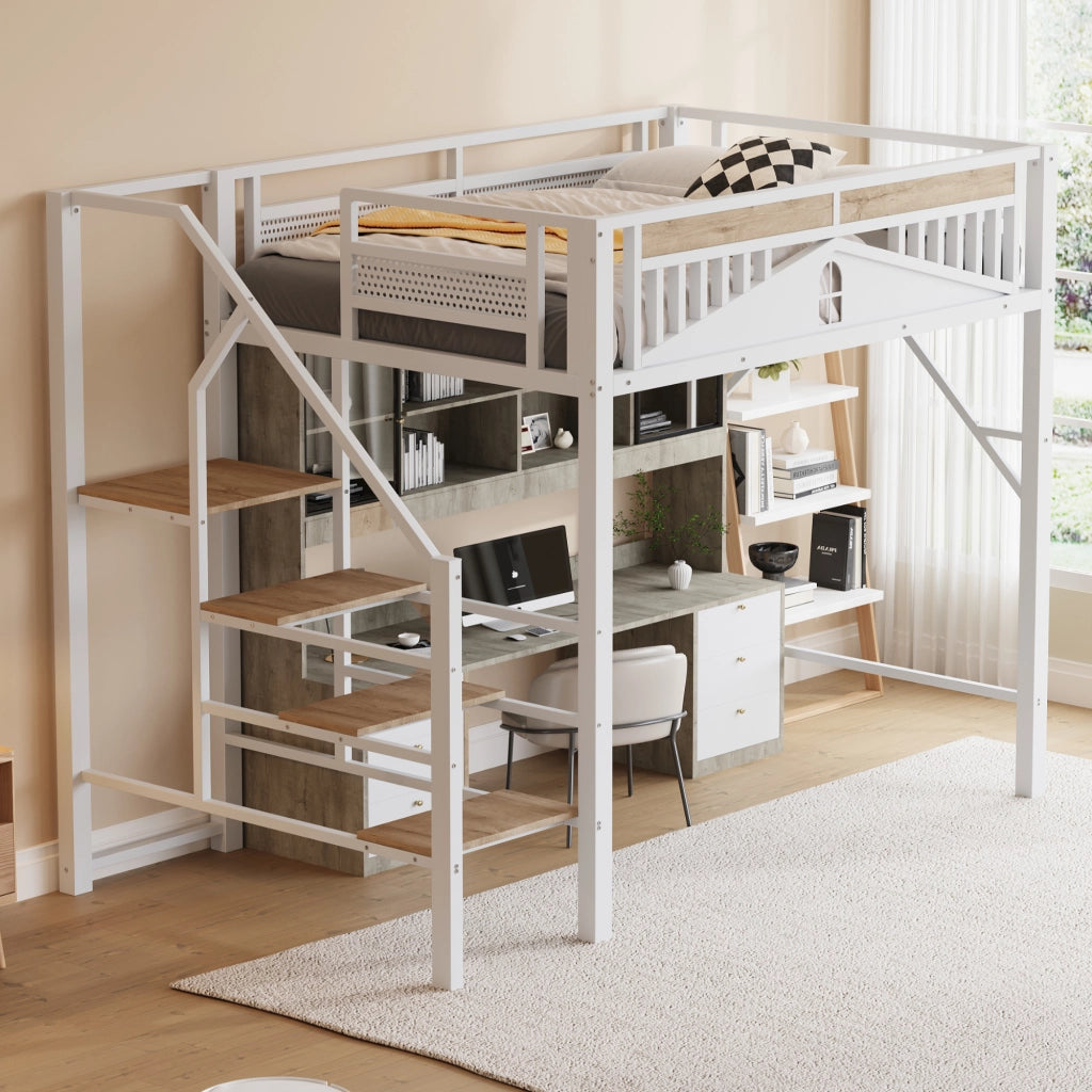 OKWISH Letto a Soppalco 140×200 cm, Letto Matrimoniale con Scala di Sicurezza, Contenitore e Sponde, senza Materasso, Metallo, Bianco