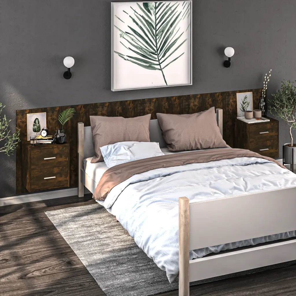 Set di 2 Comodini | Armadio da Notte | Mobiletto da notte a Muro Rovere Fumo