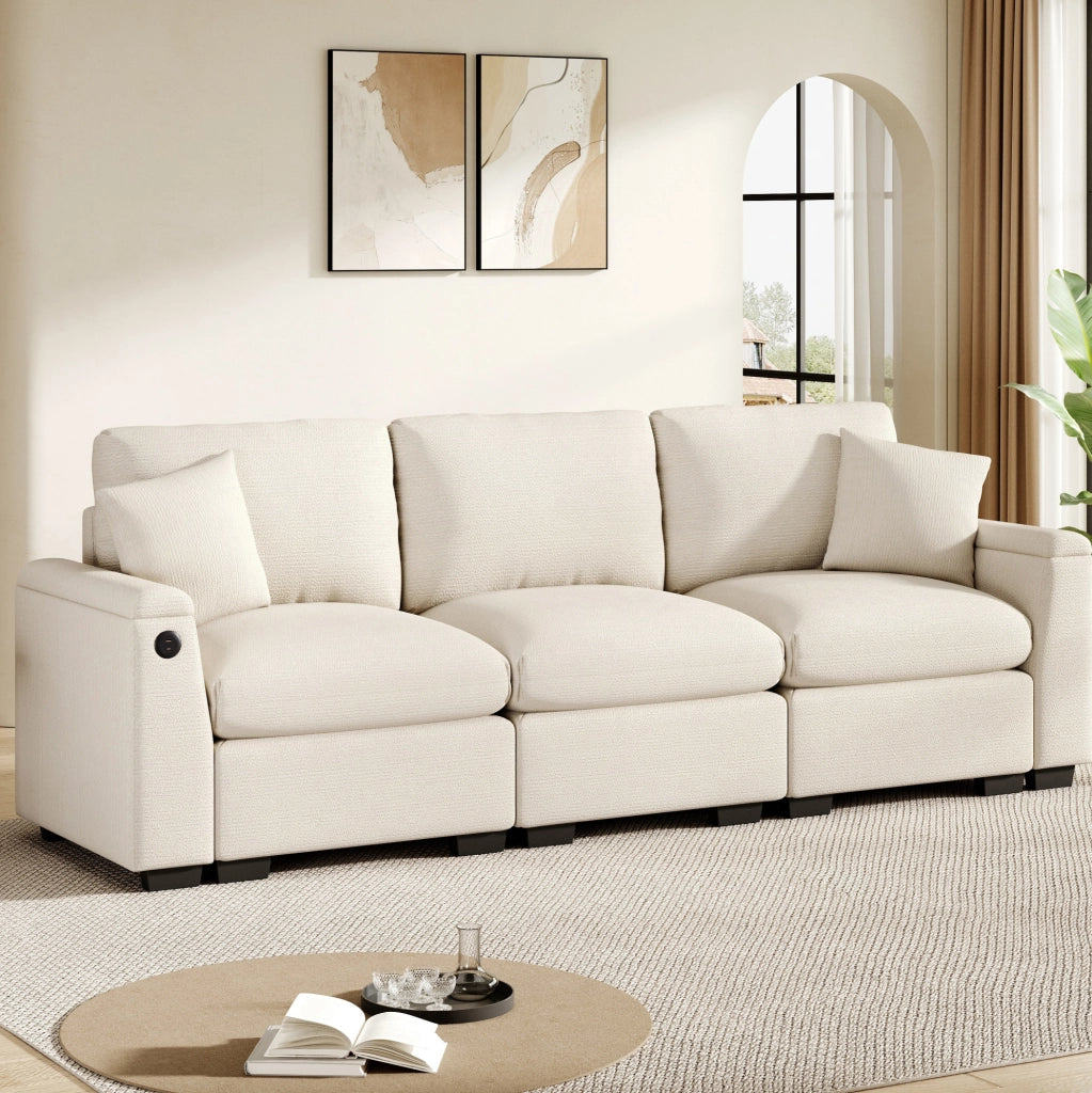 Divano modulare a 3 posti in chenille con USB; tavolino ribaltabile e portabevande; beige