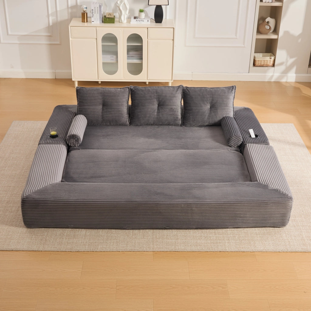 Divano letto convertibile modulare a 3 posti con tasche laterali e porta bicchieri in velluto a coste grigio scuro