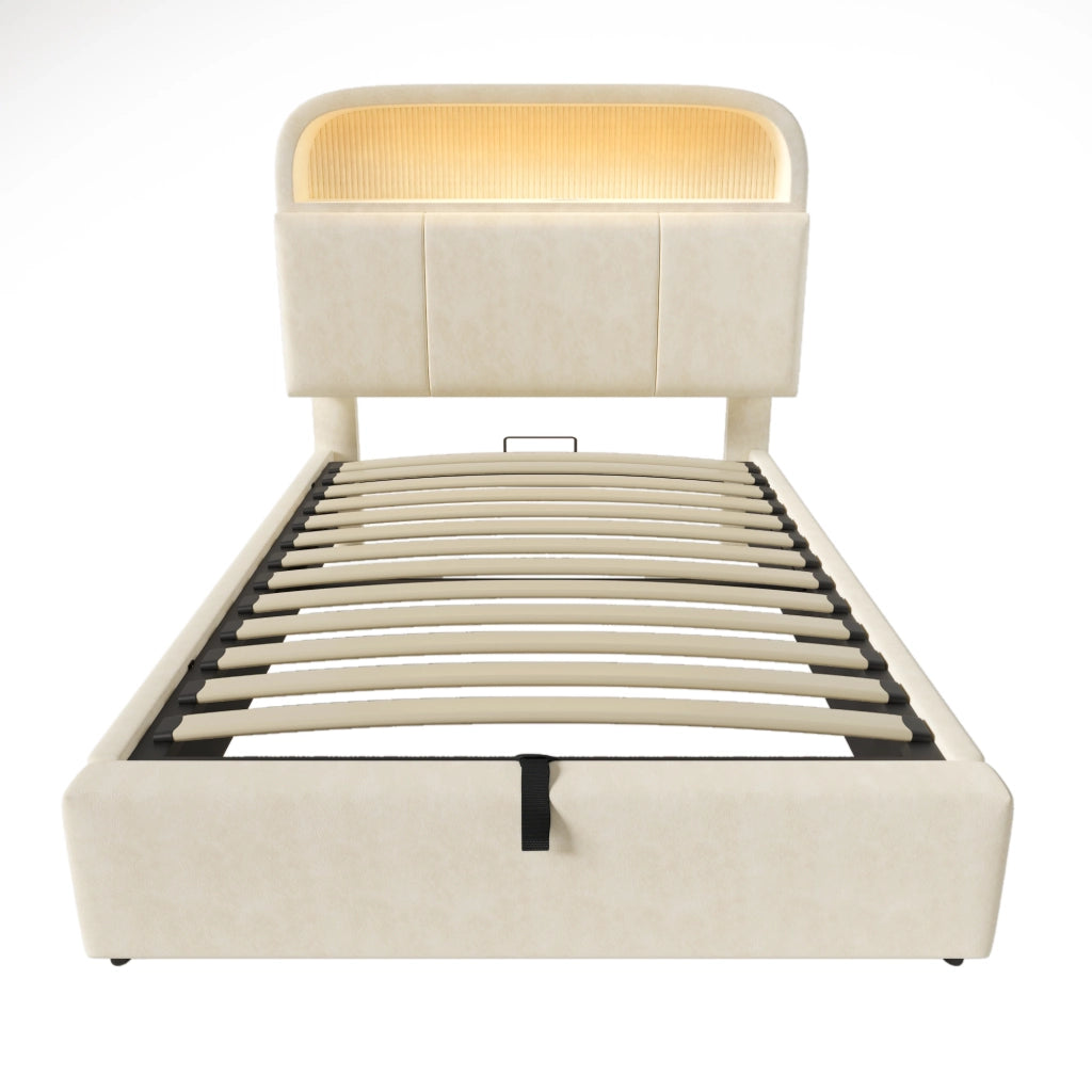 Letto singolo imbottito 90x200cm con testiera idraulica per lo stoccaggio; LED e USB C