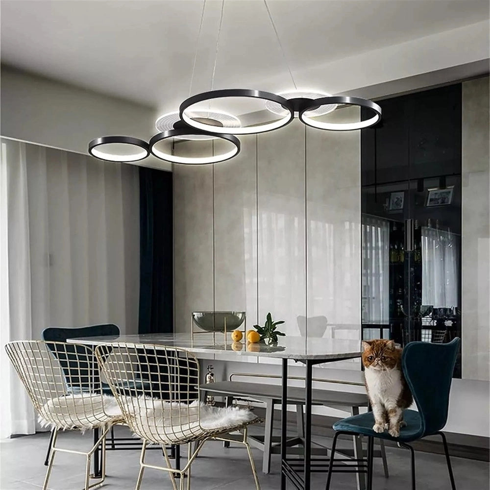 Trade Shop - Lampadario A Sospensione Led Nero 65w 6 Anelli Luminosi Moderno Con Telecomando 71415 -
