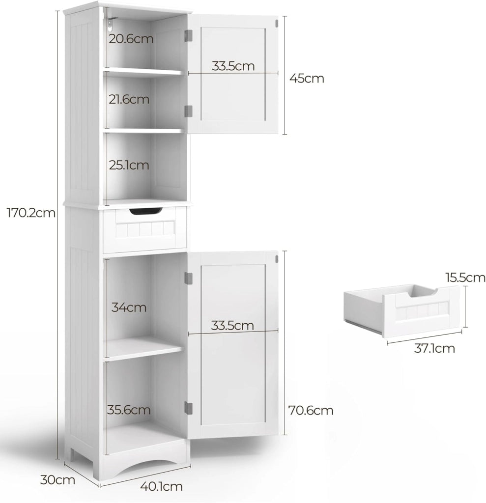 Mobiletto da Bagno Alto con Ripiani Regolabili, Cassetto, Scomparto Aperto, Porte Magnetiche e Protezione Antiribaltamento – 170 x 40 x 30 cm (Bianco)