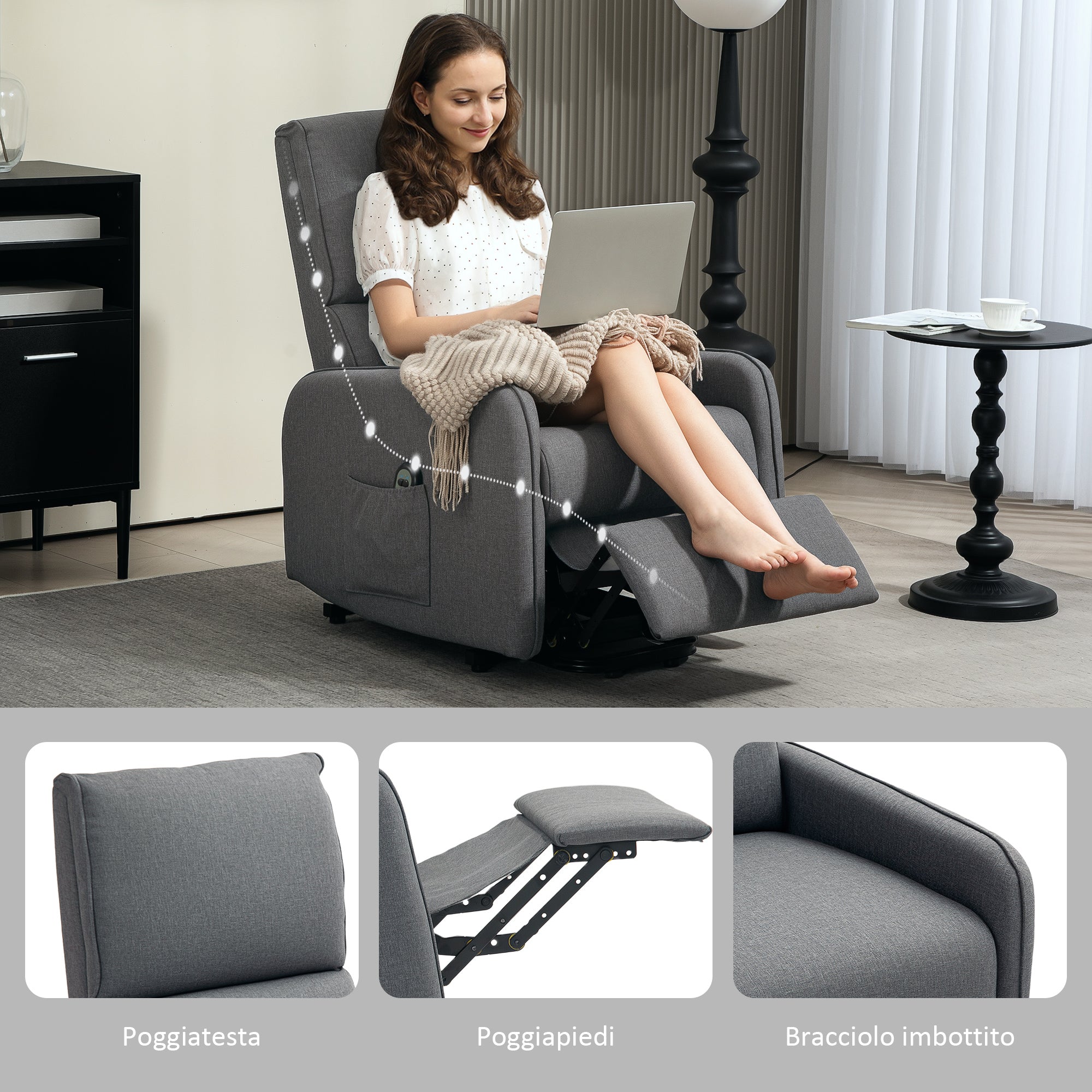 Poltrona Alzapersona Elettrica Reclinabile con Telecomando e Tasca in Tessuto Grigio Carbone