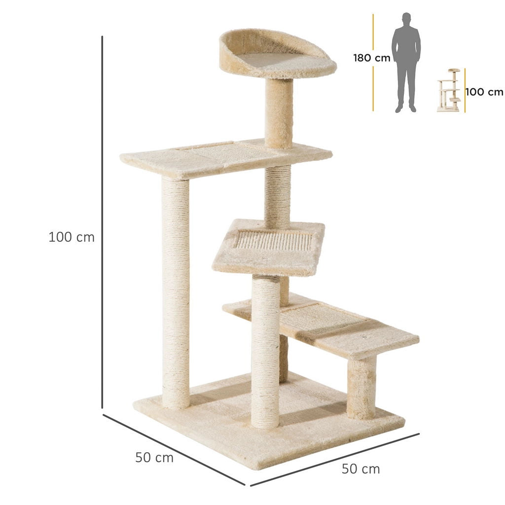 ALBERO PER GATTI MULTILIVELLO CON TIRAGRAFFI IN SISAL PER GATTI CON PIATTAFORME E CUCCIA IN PELUCHE BEIGE, 50X50X100 CM
