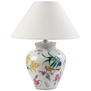 Lampada da tavolo Base in porcellana bianca Paralume a campana in lino con patten floreale Illuminazione elegante