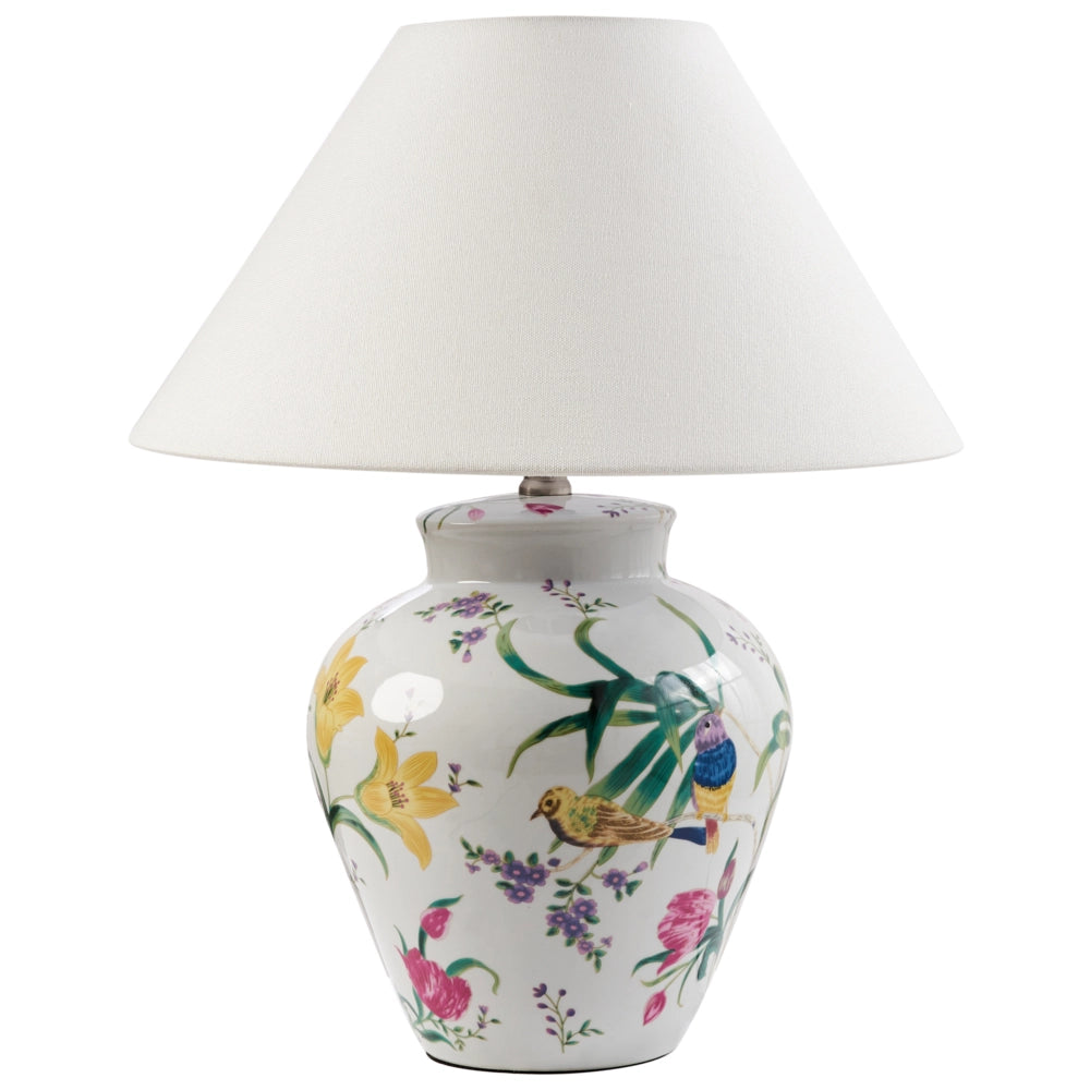 Lampada da tavolo Base in porcellana bianca Paralume a campana in lino con patten floreale Illuminazione elegante