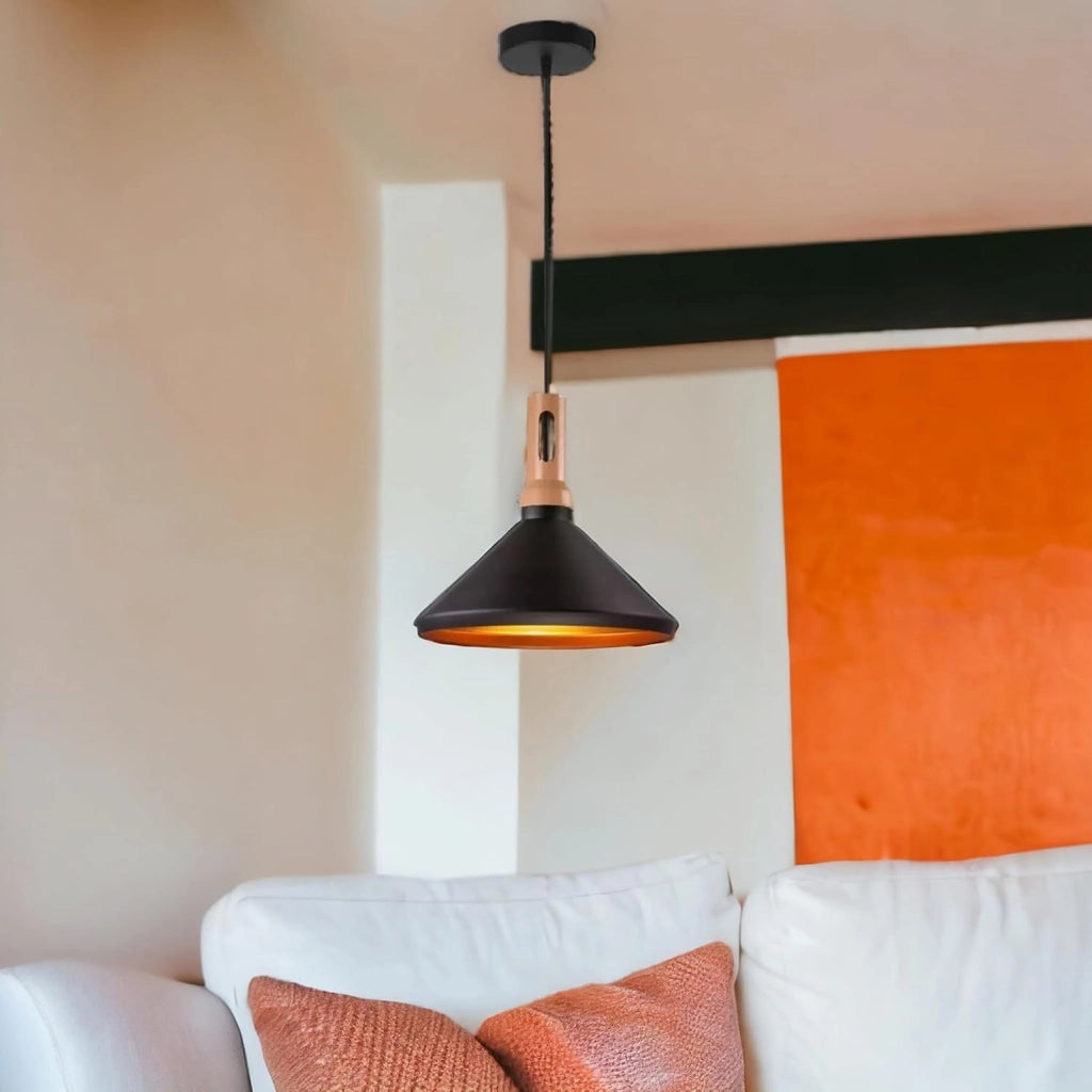 Lampadario a sospensione nero e oro in metallo con attacco E27, diametro 35 cm, altezza totale 130 cm, stile moderno, IP20
