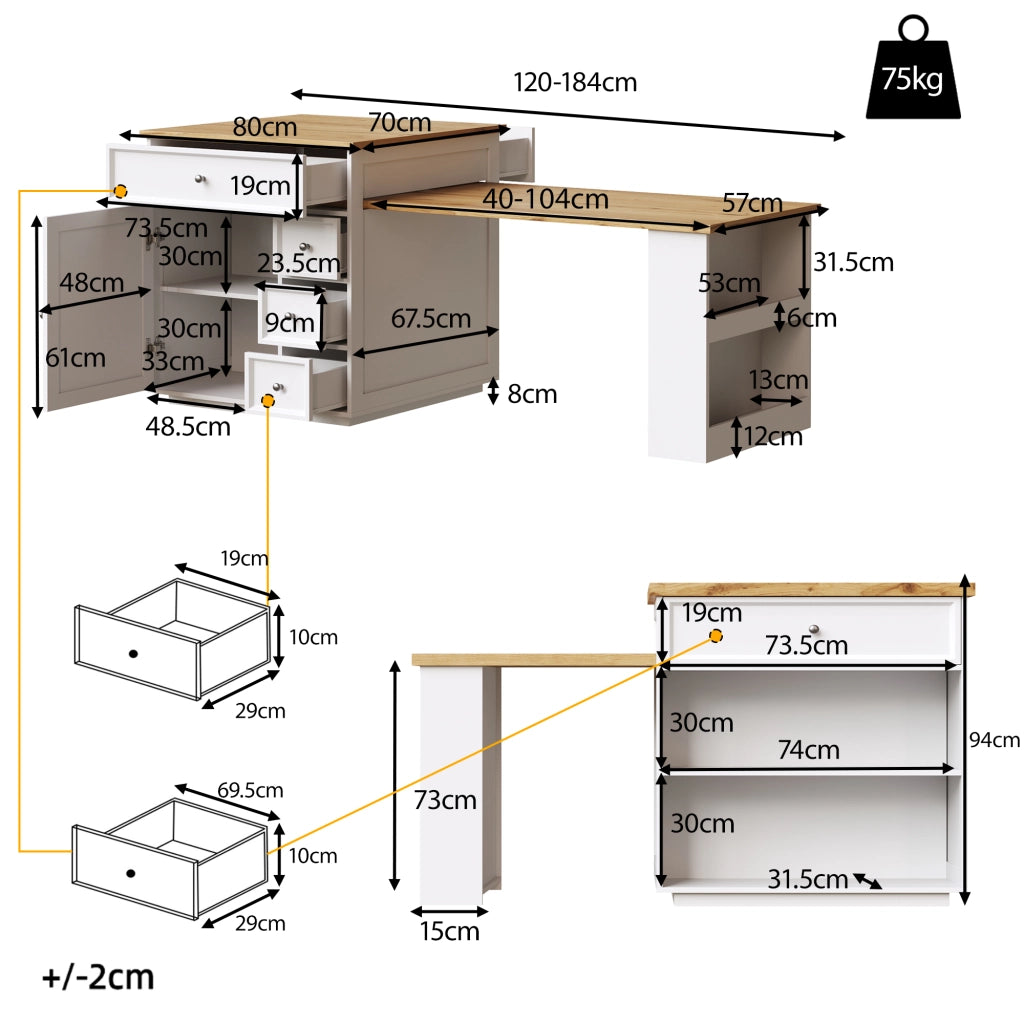 Isola Cucina Allungabile con Cassetti e Ruote ¨C MINIMAL ¨C Bianco, Piano Effetto Legno, 120-184 cm