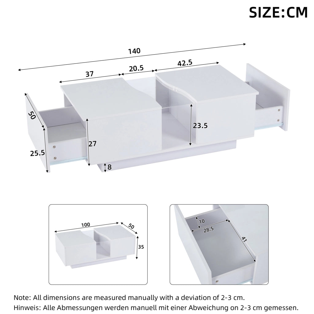 Tavolino da caff猫 100x50x35 cm; LED regolabile con 2 cassetti; MDF e acrilico; bianco