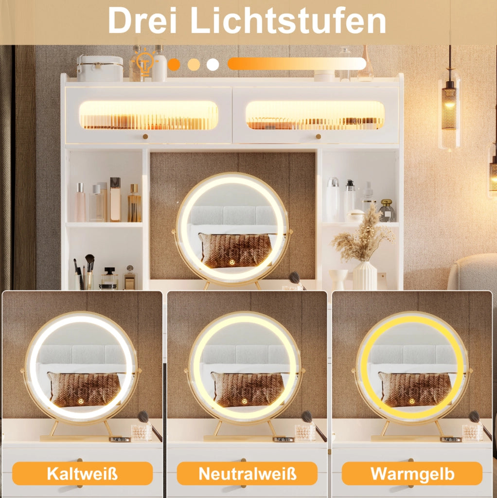 Toeletta bianca LED con 4 cassetti e specchio, 120x40x160 cm