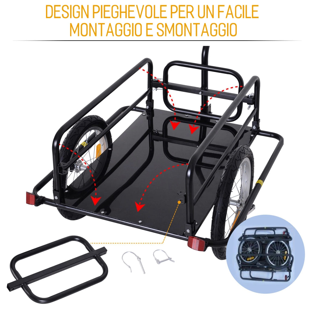 EasyComfort Carrello per Bicicletta Rimorchio Cargo Bici Trasporto di Oggetti Pieghevole Portata 36kg 156x72x82cm