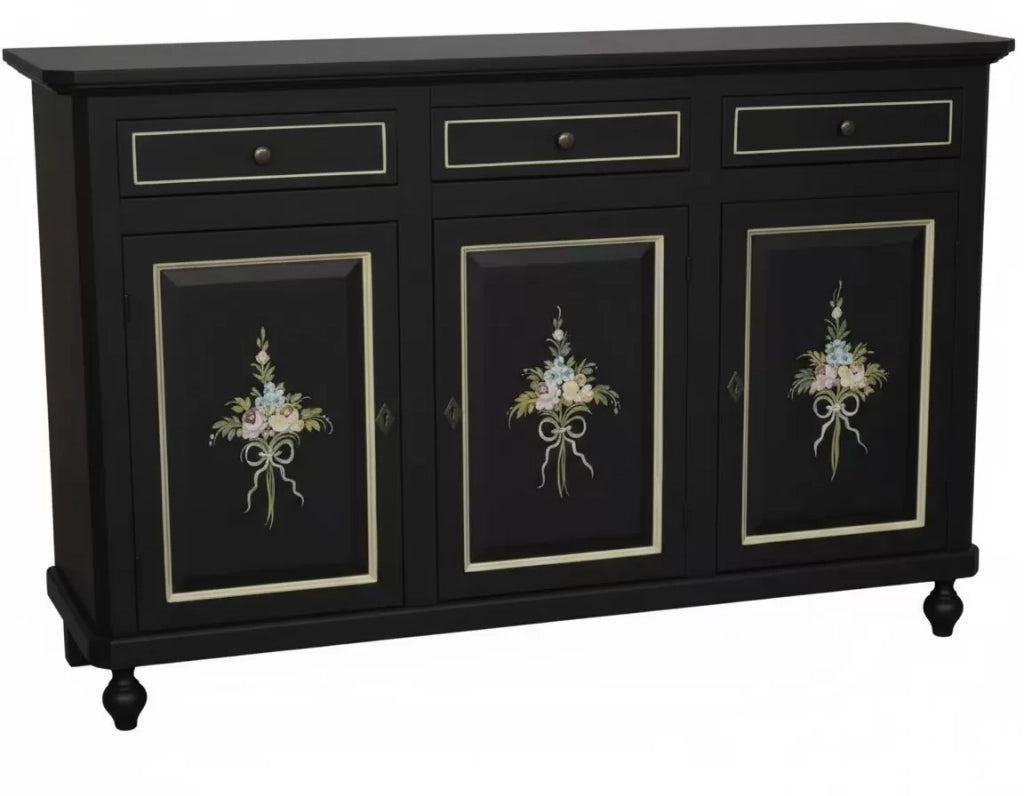 Madia credenza 3 ante legno shabby nero decorata filo oro 158x45x98 - Mobili 2G