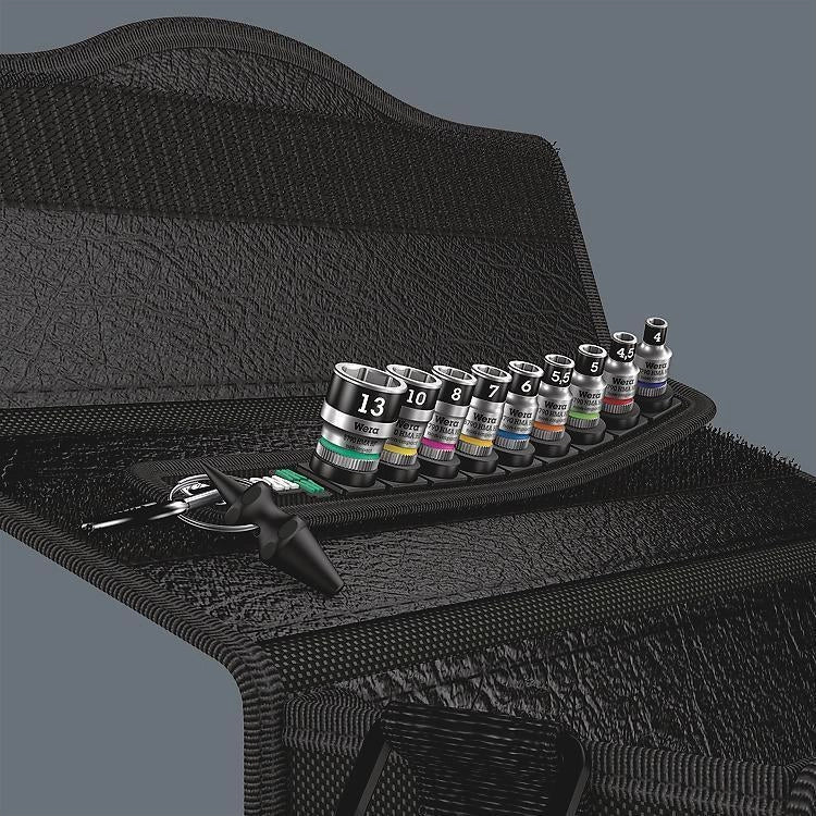 Wera 05003880001 Zyklop Set di Bussole 1-4'' con Funzione di Ritegno 9 Pezzi con Moschettone e Nastro Autoadesivo colore Nero