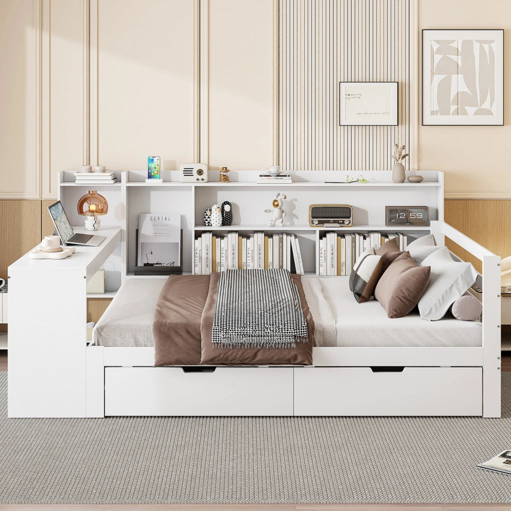 Divano letto 140x200 cm multifunzionale con scrivania e presa in legno bianco