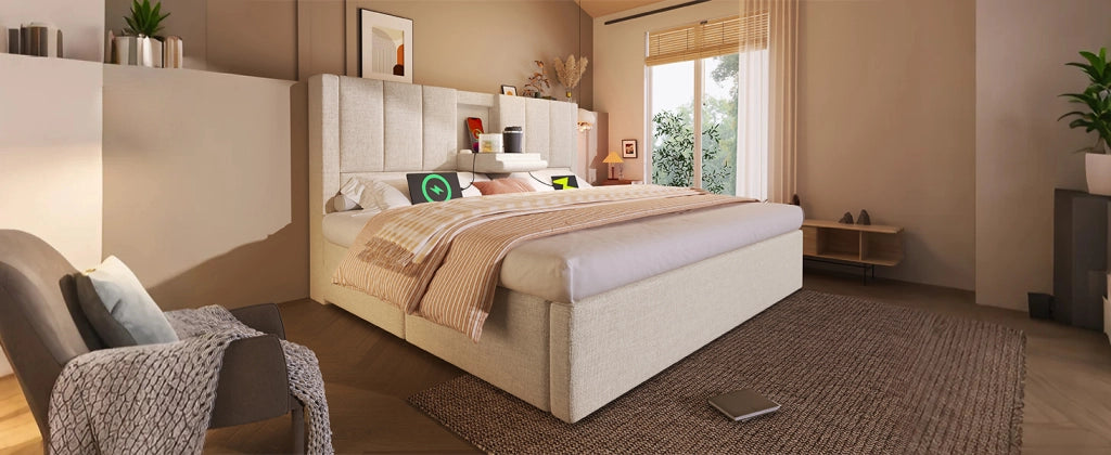 Letto imbottito 140x200 cm con materasso, porta bicchieri nascosto e stazione di ricarica USB-C, contenitore idraulico, beige