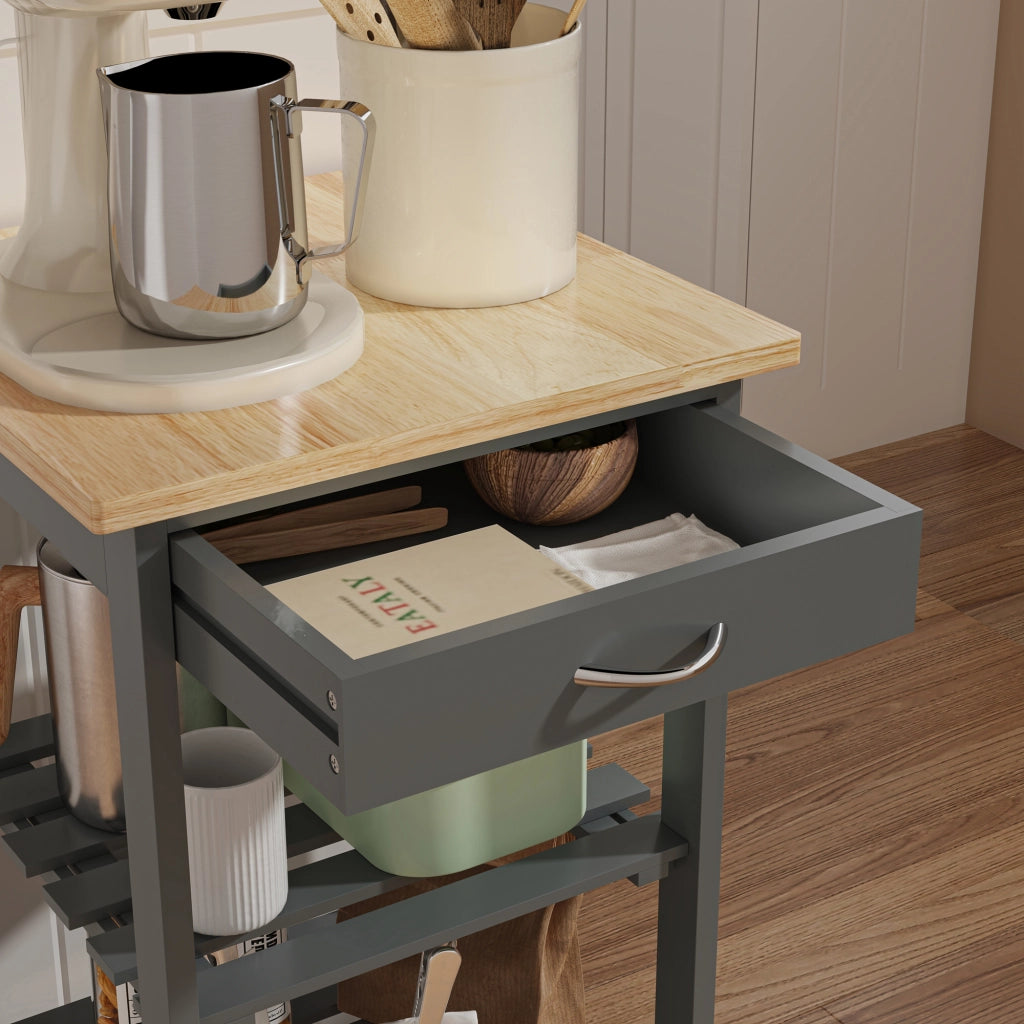 Carrello Portaoggetti Biel con Cassetto 3 Ripiani e Griglia Portabottiglie 76x37x37 cm - Grigio Scuro / Effetto Legno [en.casa]