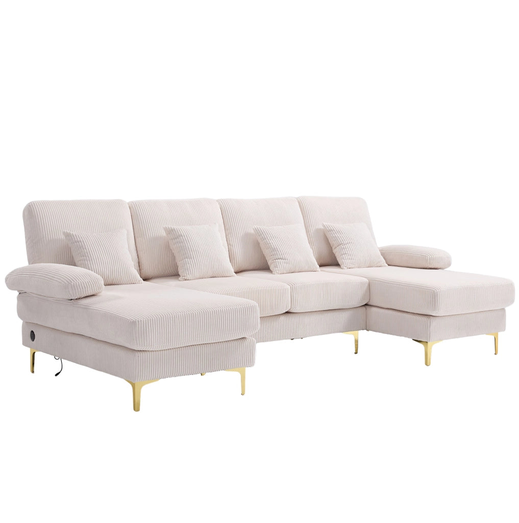 Divano a U in velluto beige con LED e porta USB