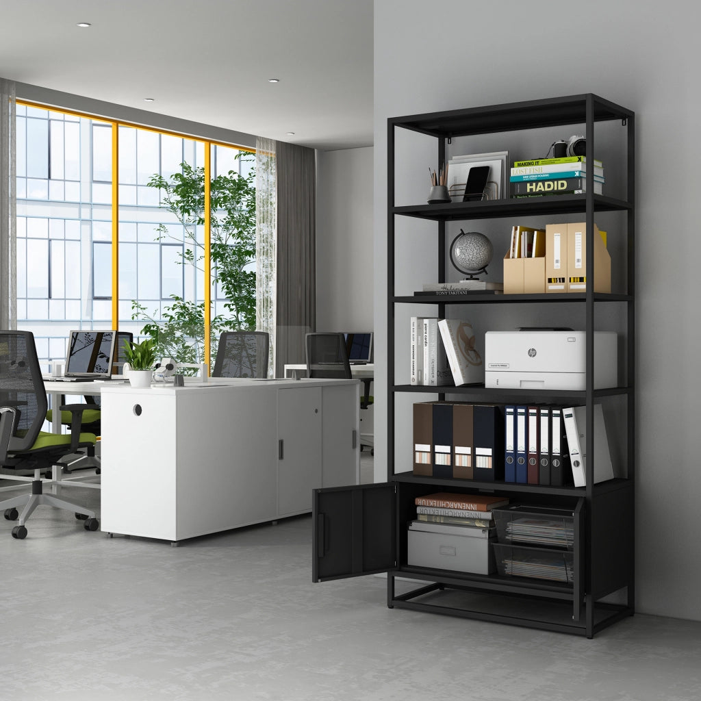 Libreria Hailuoto Scaffale in Acciaio con Ripiani Aperti e Armadietto 180x80x40 cm Nero opaco [en.casa]