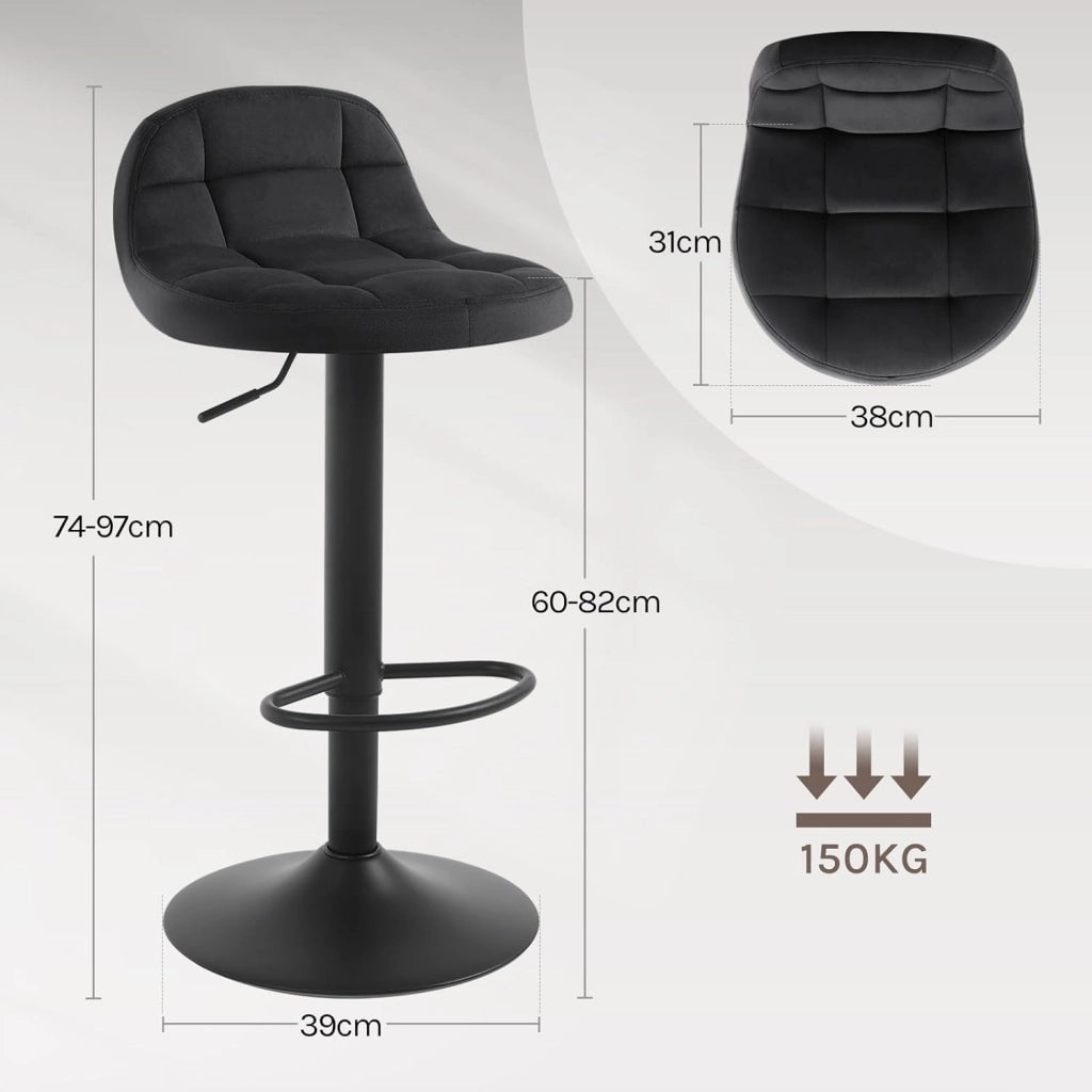 Set di 4 Sgabelli da Bar con Schienale Sedia Alta da Cucina Imbottita Seduta Regolabile in Altezza 60-82cm con Poggiapiedi Girevole a 360° in Velluto, Nero BH317sz-4