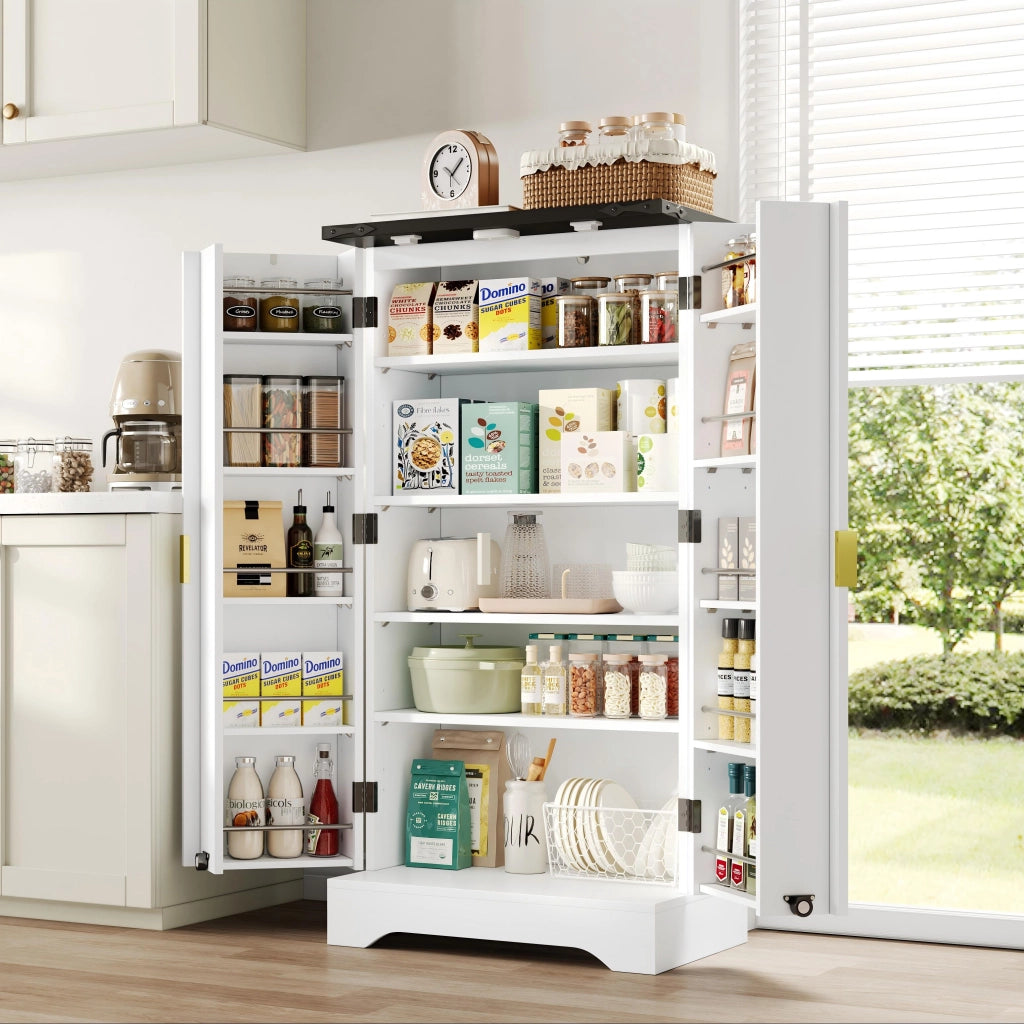 Dispensa alta con LED, 2 ante, ripiani regolabili e vani su porta, per cucina e soggiorno, bianco, 120 × 60,5 × 40 cm