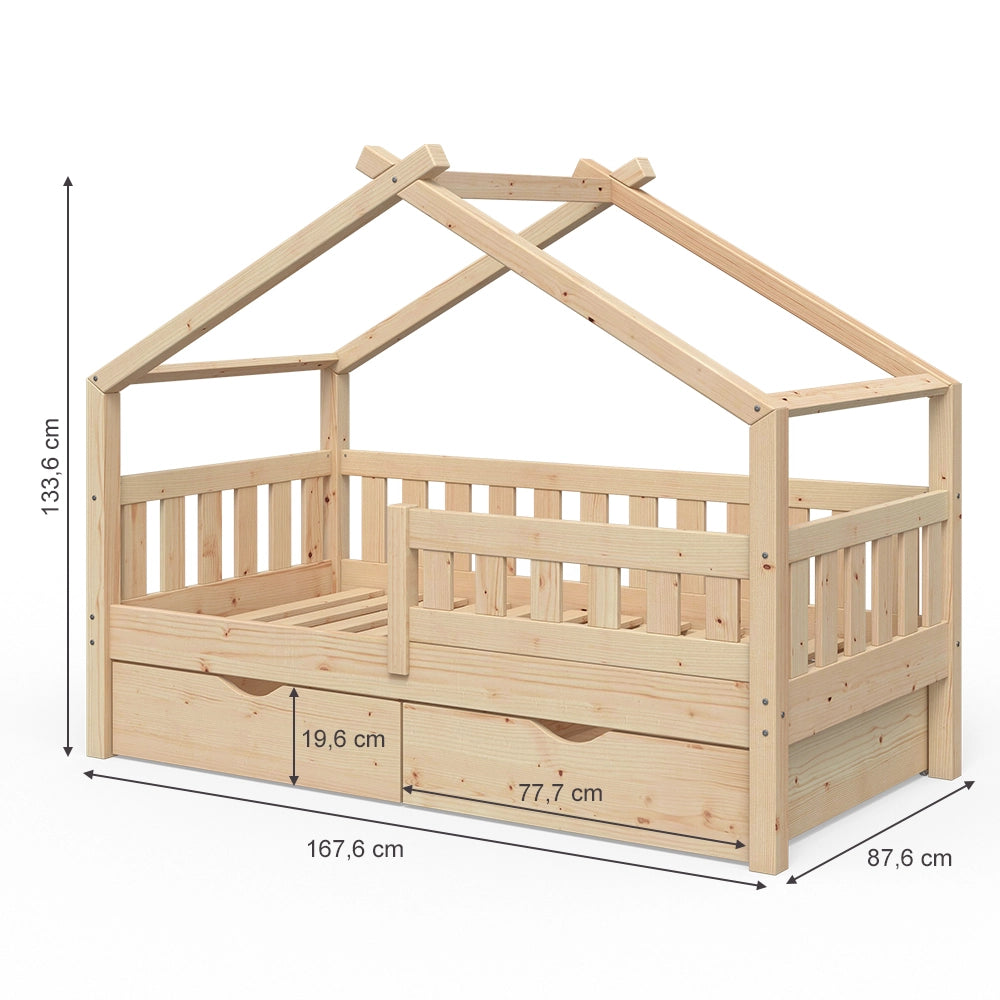 Vitalispa Letto montessori bambini Legno naturale 80x160 cm con 2 cassetti