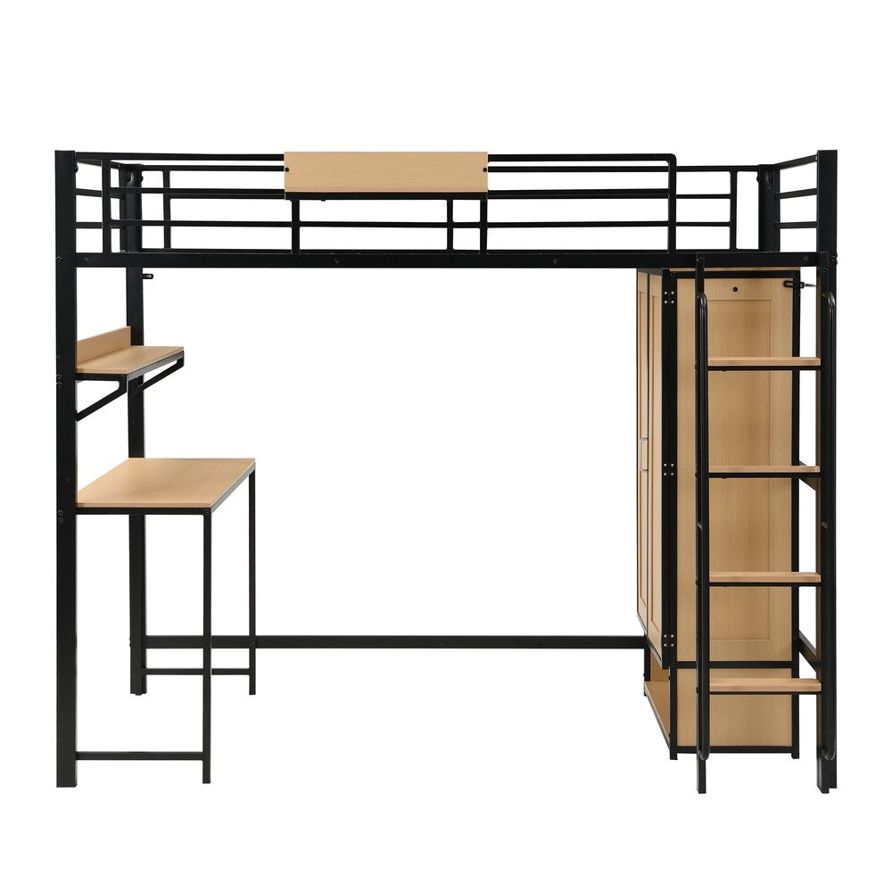 Letto a Soppalco con Scrivania, Armadio e Scaffale ¨C Xylo ¨C Metallo e MDF, Nero, 90x200