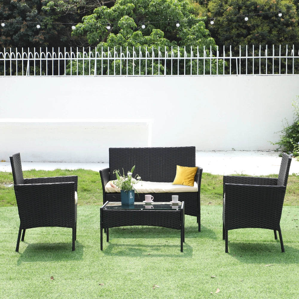 Set di mobili da giardino in polyrattan, nero, 7 pezzi, con cuscino e tavolo, per esterni, giardino, terrazza