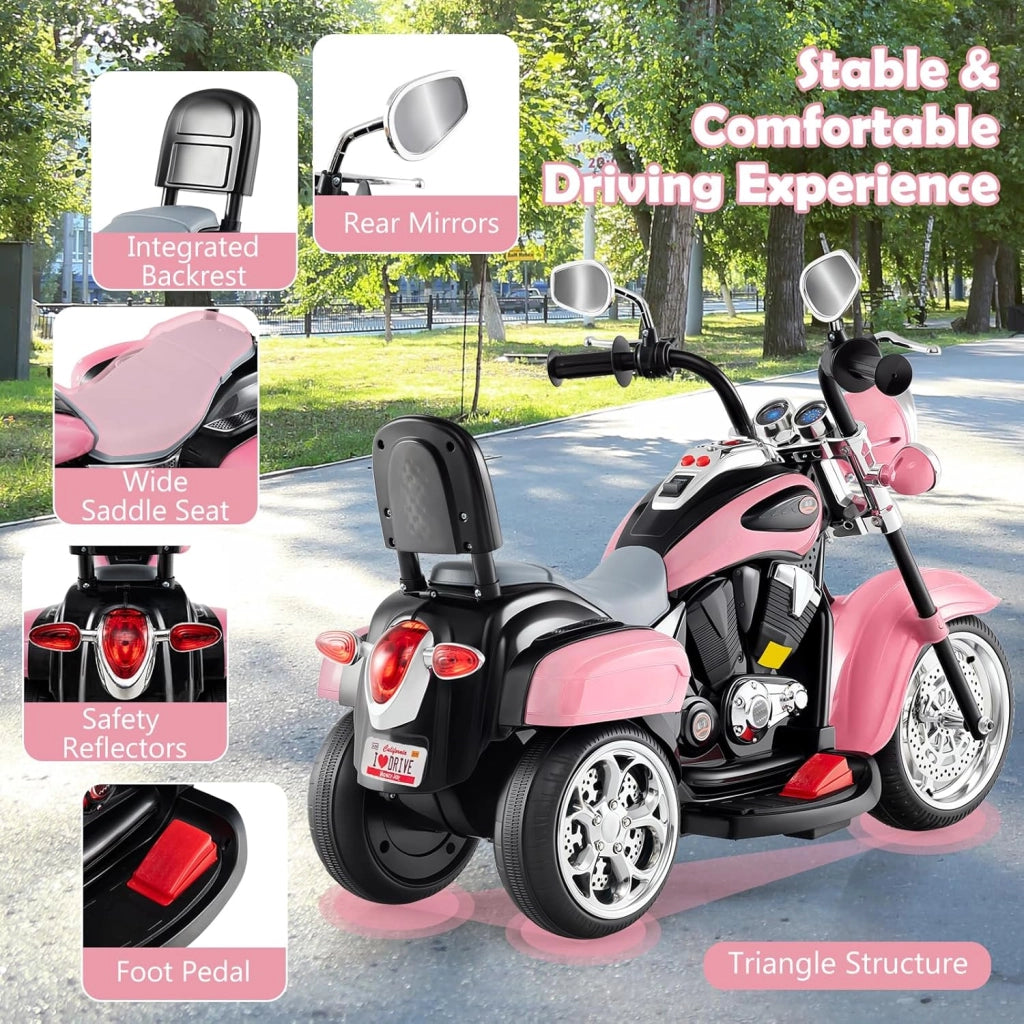 Moto Elettrica per Bambini 6V a 3 Ruote con Luci LED e Suoni, Motorino Triciclo con Acceleratore a Pedale, Motocicletta con Specchietto, 3 km/h, Carico 30 kg, 3+ Anni (Rosa)