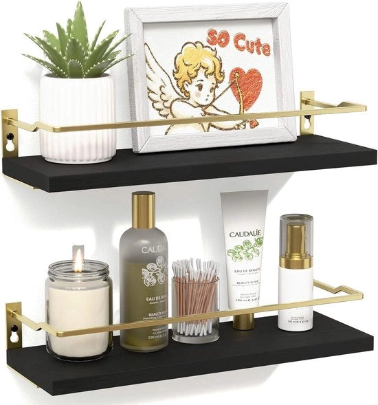Set di 2 pannelli per bagno in legno di Paulownia - Decorazione/Sistema di stoccaggio - Nero/Oro - Capacità di carico fino a 20 kg - Pannello