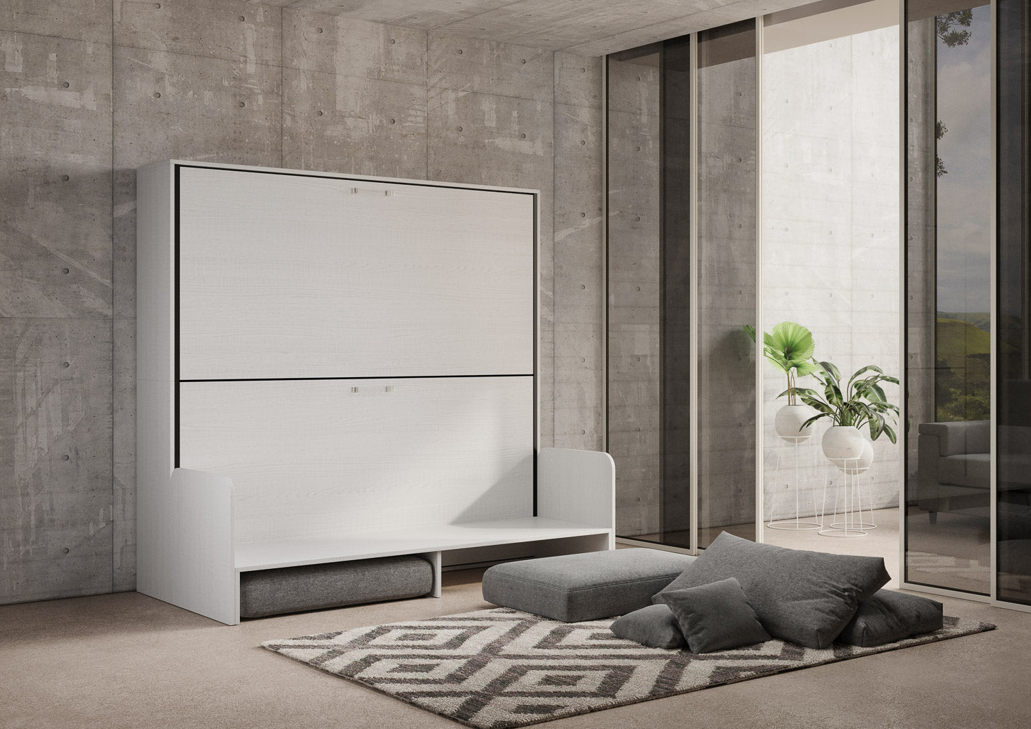 Letto Doppio A Scomparsa Kando Con Divano Con Materassi Bianco Frassino e Grigio