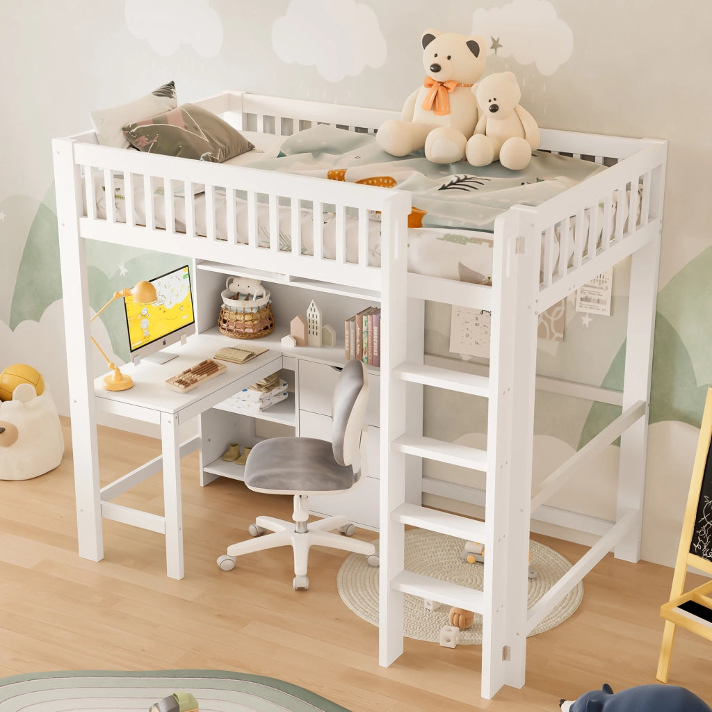 LETTO A CASTELLO 90x200 cm con scrivania, 3 cassetti, bianco