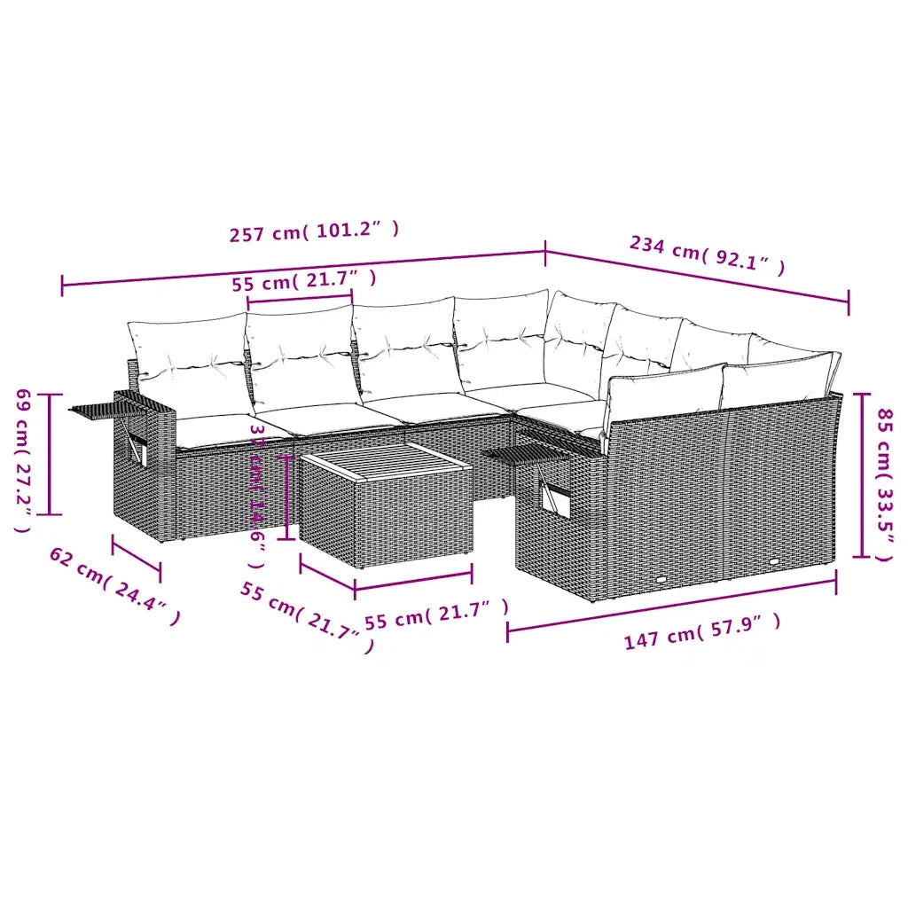 Set Divani da Giardino 9 pz con Cuscini Grigio in Polyrattan 3224493